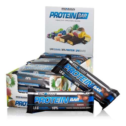 Батончик IRONMAN Protein Bar с коллагеном, 50г (Кокос/тёмная глазурь)(24 шт) в Интерспорт